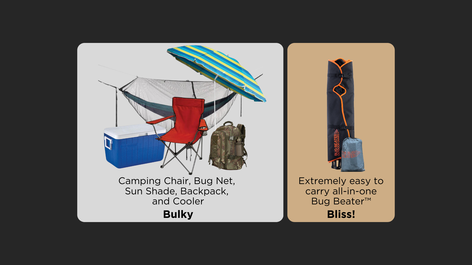 Visual comparison graphic showing The Bug Beater alongside various pieces of camping equipment included in its design. The graphic includes a camping chair, bug net, sunshade, backpack, and cooler labeled as 'bulk,' juxtaposed with the all-in-one Bug Beater labeled as 'bliss.' Text underneath the images highlights the ease and convenience of carrying the Bug Beater compared to separate items.