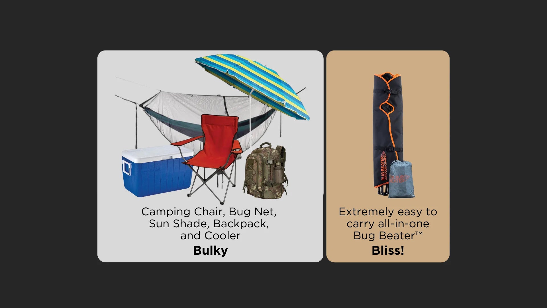 Visual comparison graphic showing The Bug Beater alongside various pieces of camping equipment included in its design. The graphic includes a camping chair, bug net, sunshade, backpack, and cooler labeled as 'bulk,' juxtaposed with the all-in-one Bug Beater labeled as 'bliss.' Text underneath the images highlights the ease and convenience of carrying the Bug Beater compared to separate items.