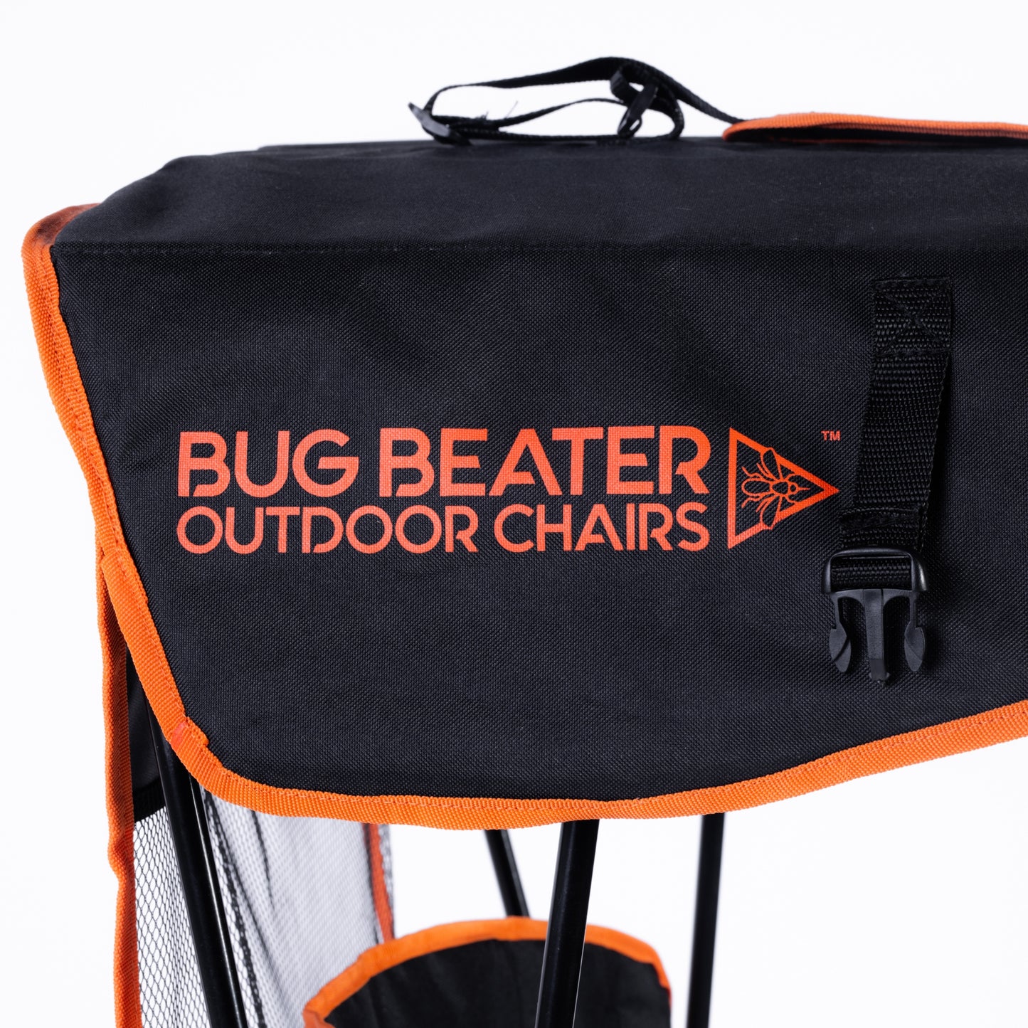 A close-up of the Bug Beater Outdoor Chairs' updated logo located on the right side of the canopy.