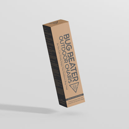 A 3D render of the Bug Beater Outdoor Chair's packaging and logo, featuring the slogan 'So You Can Finally Enjoy the Outdoors Bug-Free' under the logo.